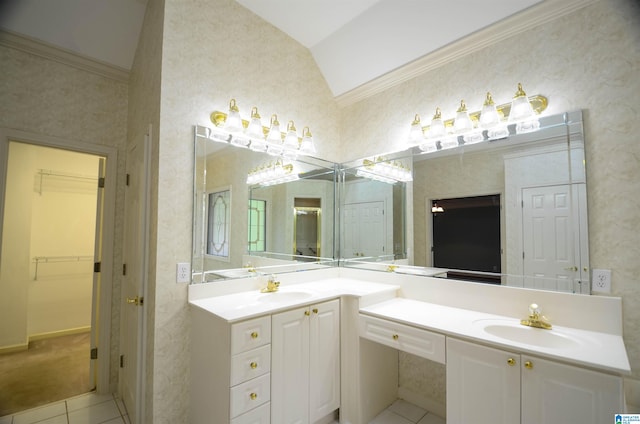 bathroom featuring crown molding, tile patterned flooring, vanity, and vaulted ceiling