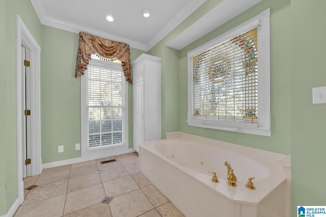 bathroom with tile patterned floors, a bathtub, and ornamental molding