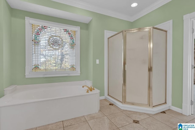 bathroom featuring tile patterned floors, crown molding, and independent shower and bath