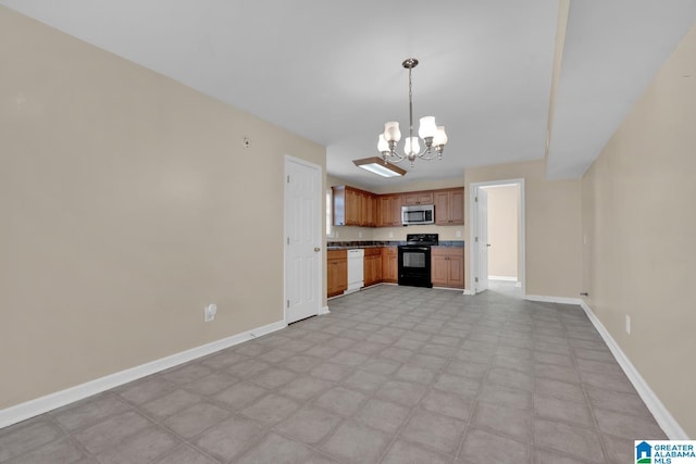 kitchen featuring pendant lighting, an inviting chandelier, white dishwasher, and black electric range oven