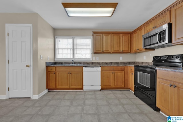 kitchen with white dishwasher, black electric range oven, and sink