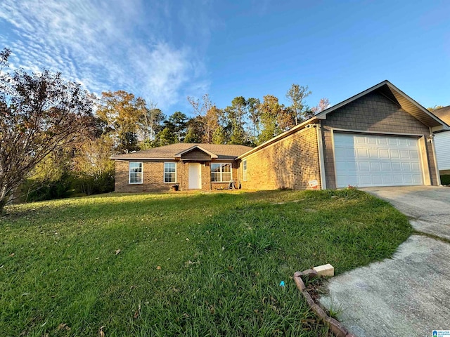 single story home with a garage and a front yard