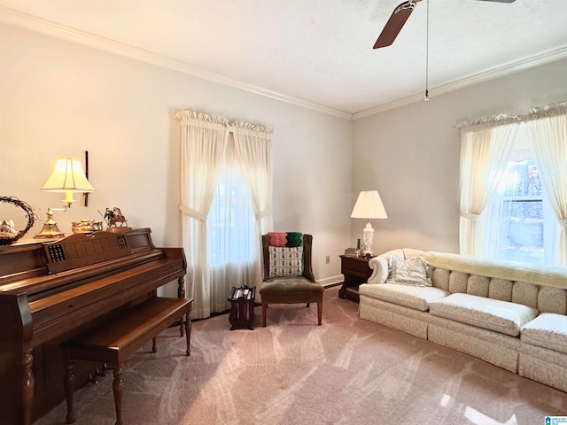 sitting room featuring carpet, ceiling fan, ornamental molding, and a textured ceiling