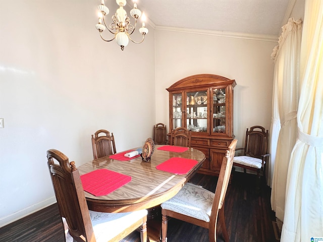 dining area with a notable chandelier, crown molding, and dark wood-type flooring