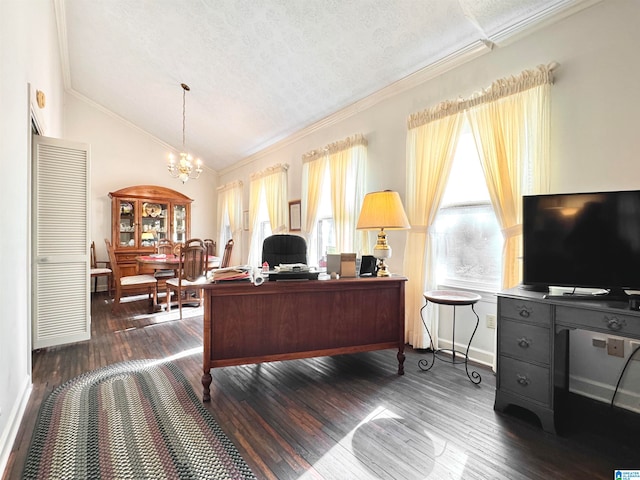 home office with a textured ceiling, dark hardwood / wood-style floors, vaulted ceiling, and plenty of natural light