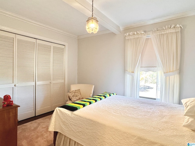 bedroom featuring beam ceiling, crown molding, a closet, and carpet