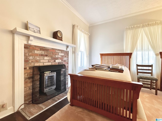 carpeted bedroom with crown molding and a textured ceiling