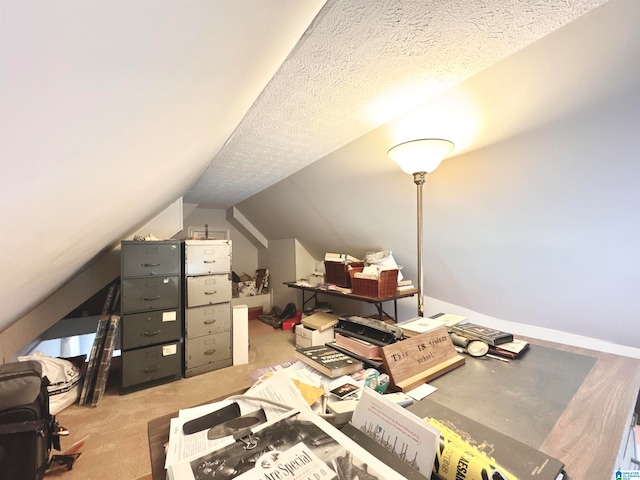 additional living space featuring lofted ceiling, a textured ceiling, and light carpet