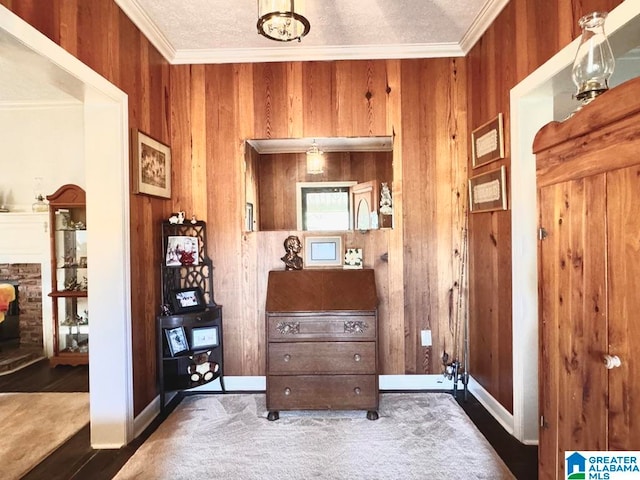 miscellaneous room featuring wooden walls and ornamental molding