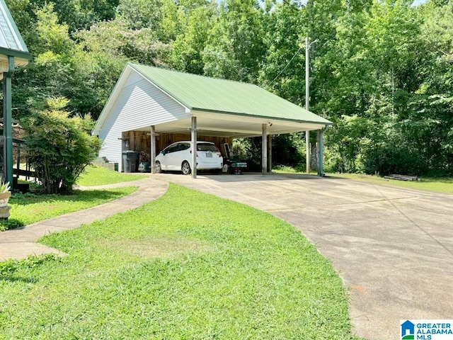 view of parking with a carport and a lawn