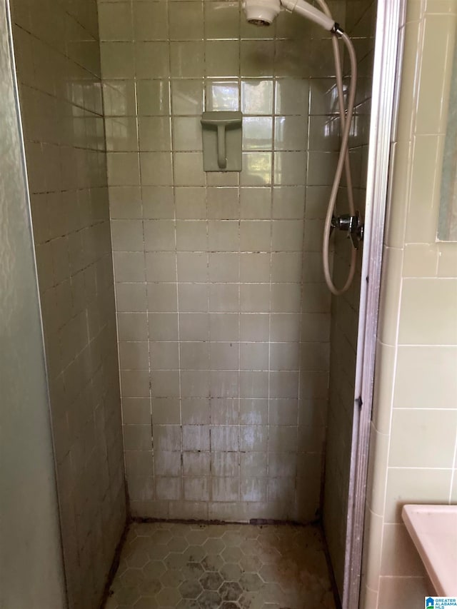 bathroom featuring tiled shower and tile patterned floors