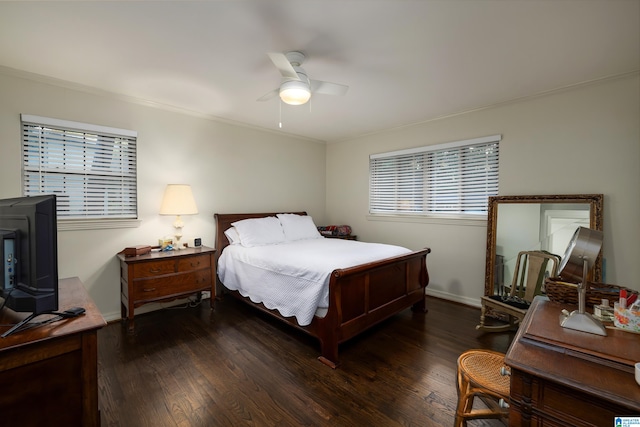 bedroom featuring ceiling fan and dark wood-type flooring