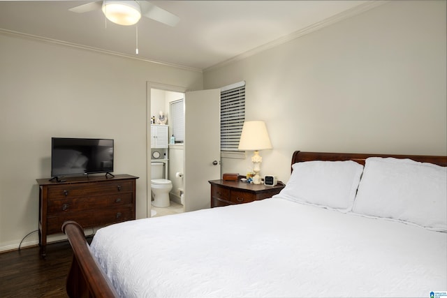 bedroom with connected bathroom, ceiling fan, dark hardwood / wood-style floors, and ornamental molding