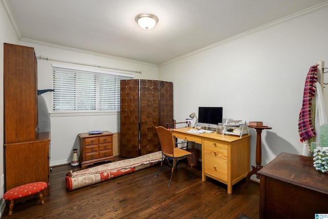 office area featuring ornamental molding and dark wood-type flooring