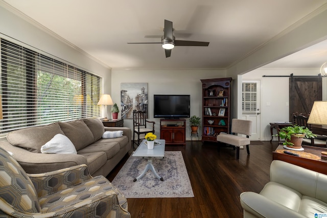 living room featuring a barn door, crown molding, dark hardwood / wood-style flooring, and ceiling fan