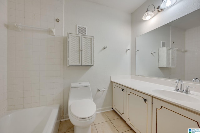 full bathroom with toilet, vanity, tile patterned floors, and tiled shower / bath