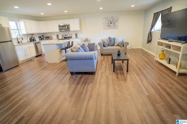 living room featuring light hardwood / wood-style flooring, plenty of natural light, and sink