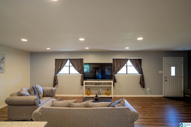 living room with dark hardwood / wood-style flooring and plenty of natural light