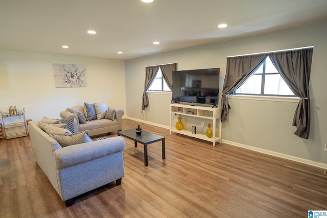 living room with plenty of natural light and wood-type flooring