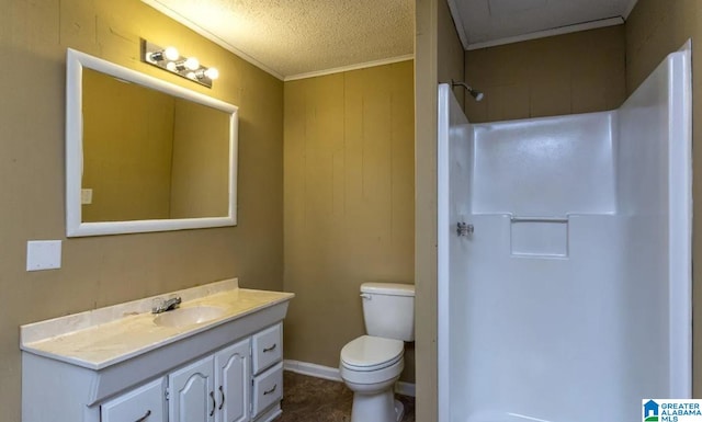 bathroom featuring a shower, crown molding, a textured ceiling, toilet, and vanity