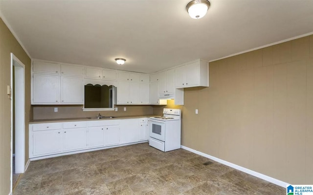 kitchen with white electric range oven, white cabinetry, ornamental molding, and sink