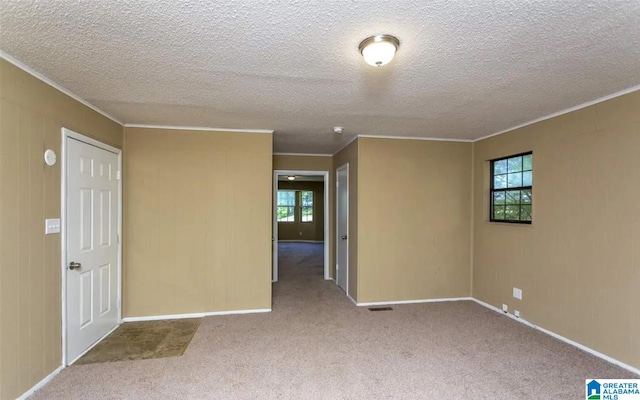 empty room featuring a textured ceiling, light colored carpet, and ornamental molding