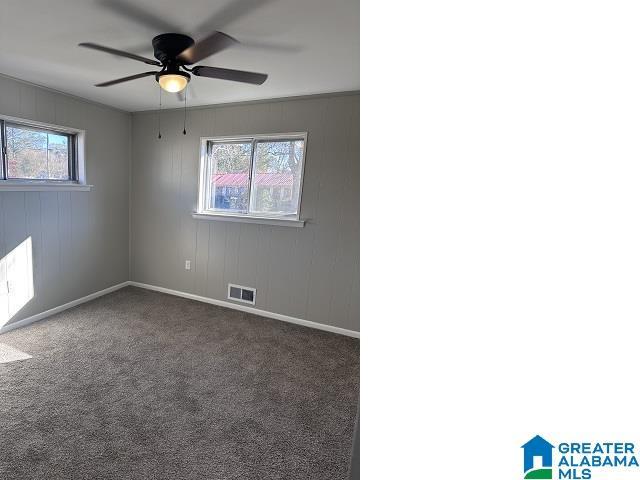 carpeted spare room with ceiling fan and a healthy amount of sunlight