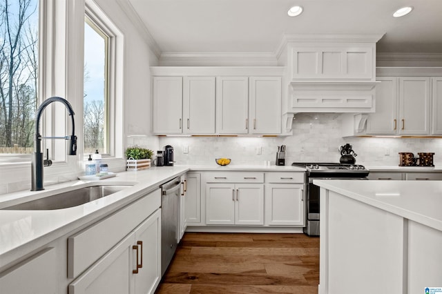 kitchen featuring white cabinets, crown molding, sink, dark hardwood / wood-style floors, and stainless steel appliances