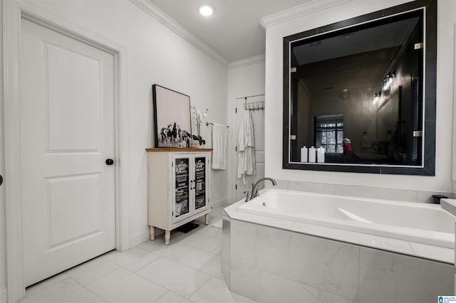 bathroom featuring a relaxing tiled tub and ornamental molding