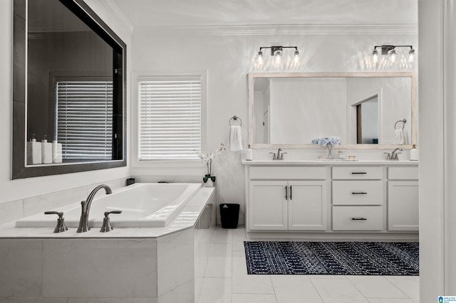 bathroom featuring crown molding, vanity, and a relaxing tiled tub