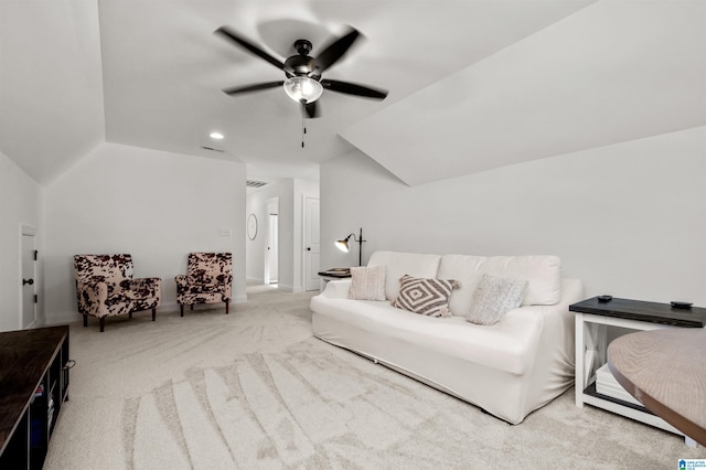 interior space featuring ceiling fan and lofted ceiling