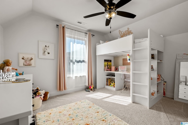 bedroom with light carpet, ceiling fan, and lofted ceiling