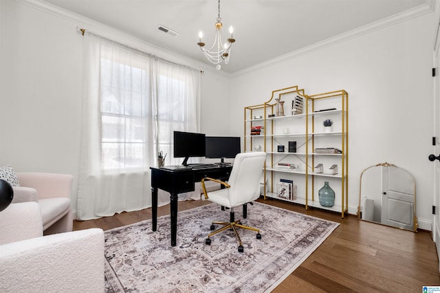 office space with ornamental molding, dark hardwood / wood-style flooring, and a notable chandelier