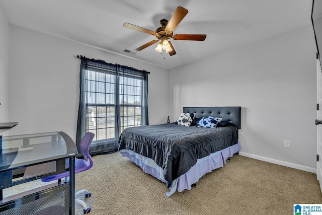 bedroom with light colored carpet and ceiling fan