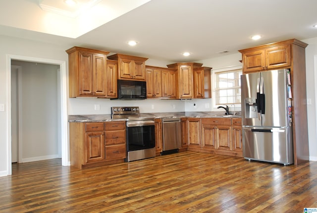 kitchen with sink, dark stone countertops, dark hardwood / wood-style flooring, and stainless steel appliances