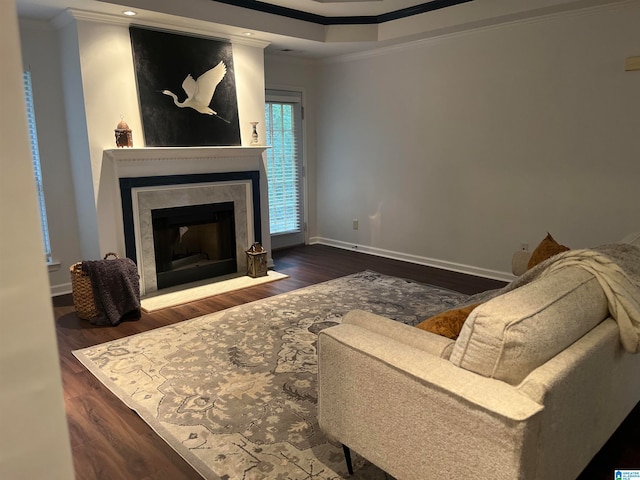 living room featuring crown molding and dark wood-type flooring