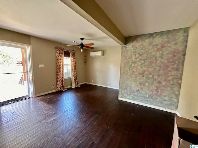 unfurnished living room with ceiling fan, dark hardwood / wood-style floors, and a wall mounted air conditioner