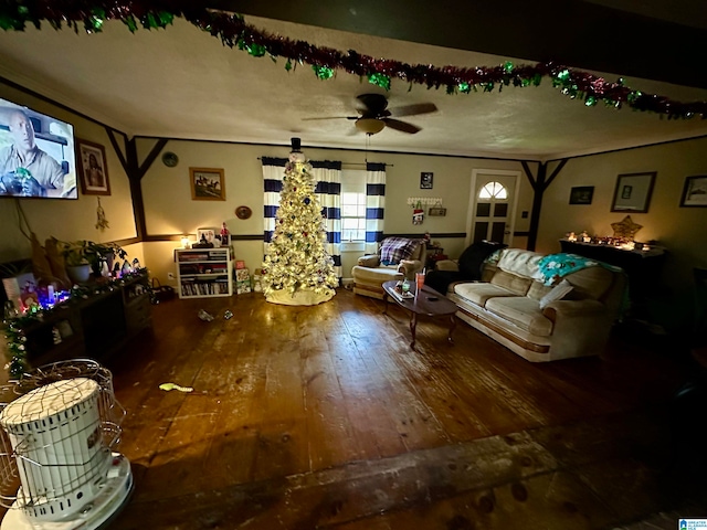 living room with ceiling fan and hardwood / wood-style flooring