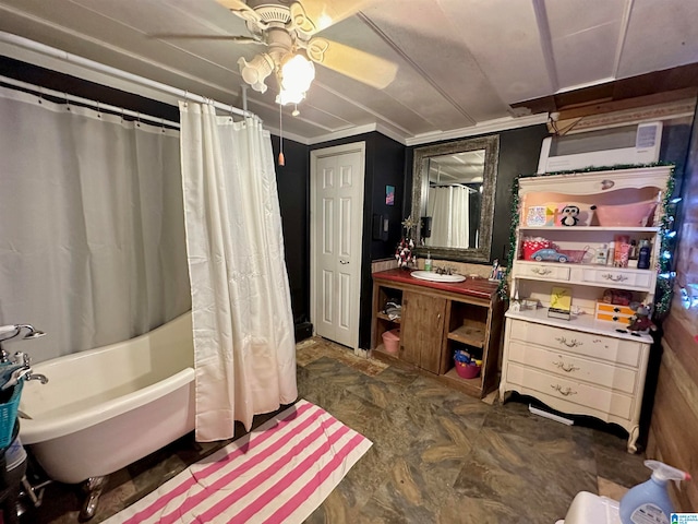 bathroom featuring shower / bath combination with curtain, vanity, and ceiling fan