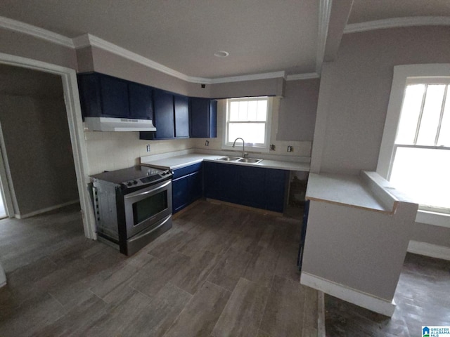 8035 4th Ave S, Birmingham, AL 35206 - kitchen with stainless steel range with electric cooktop, crown molding, a sink, under cabinet range hood, and light countertops