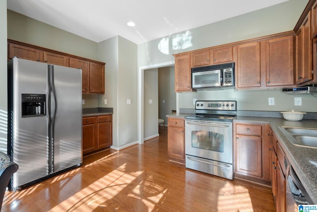 kitchen with light wood-type flooring, sink, and appliances with stainless steel finishes