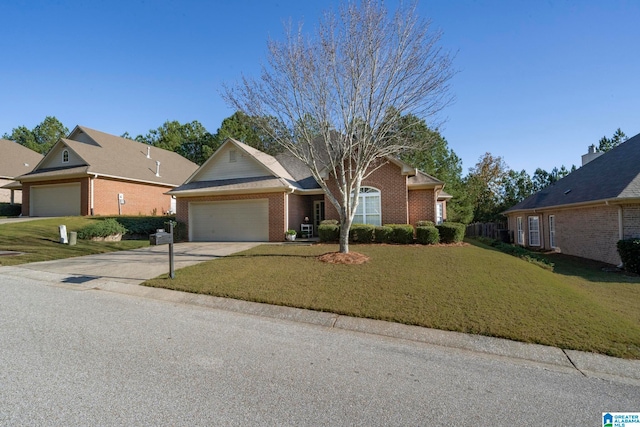 ranch-style home with a garage and a front lawn