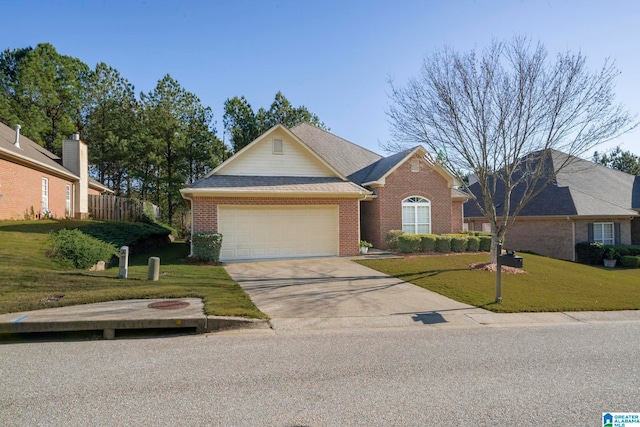 ranch-style home with a front yard and a garage