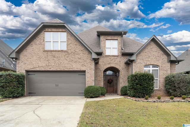 view of front of home with a garage and a front lawn