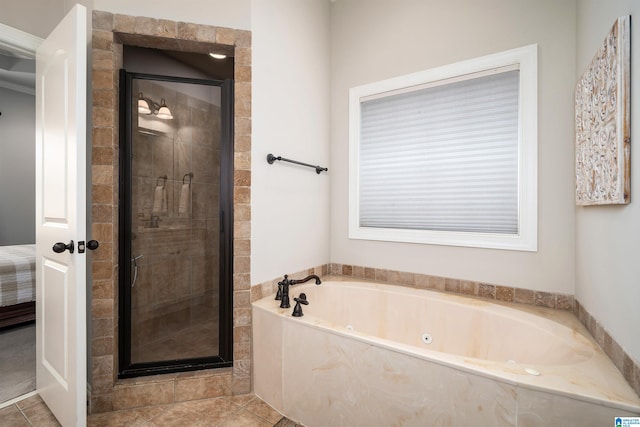 bathroom with tile patterned floors and plus walk in shower