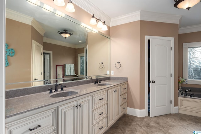 bathroom featuring tile patterned flooring, vanity, and ornamental molding