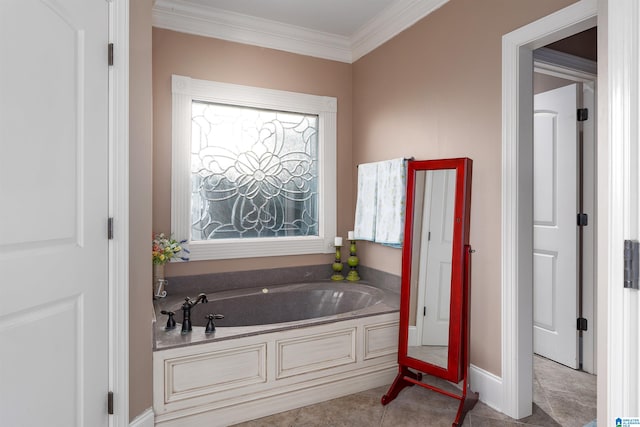 bathroom with a bath, tile patterned floors, and crown molding