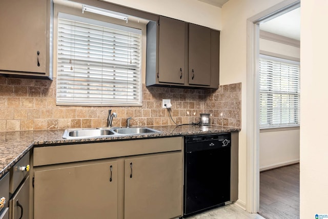 kitchen with backsplash, dark stone counters, sink, dishwasher, and light hardwood / wood-style floors