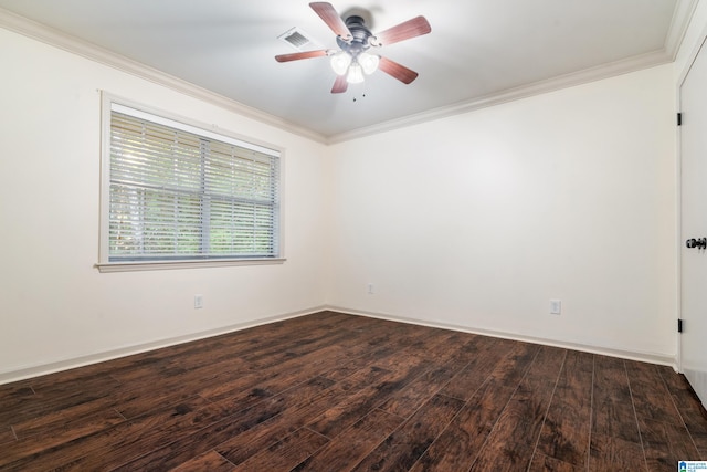 unfurnished room featuring crown molding, ceiling fan, and dark wood-type flooring