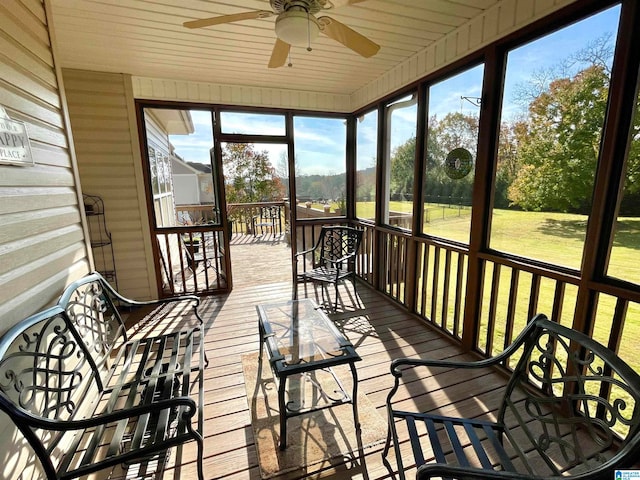 sunroom with ceiling fan and wood ceiling